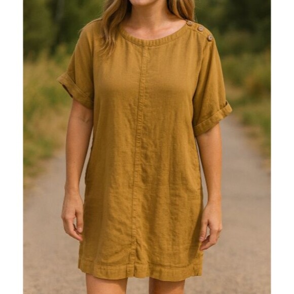 Pure Jill Tencel Lyocell Shift Dress Mustard Yellow Button Shoulder Women’s Smal - Picture 1 of 9